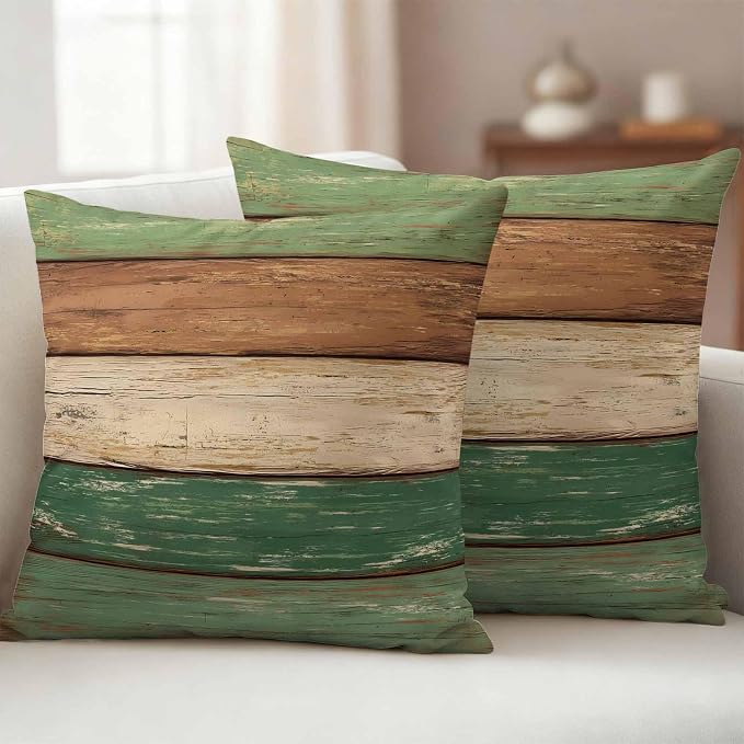 Farmhouse Dark Sage Green Brown Outdoor Waterproof Pillow Covers, Vintage Wooden Striped Decorative Square Throw Pillowcase Sofa Cushion Sham for Patio/Couch/Chair, 20"x20" 2 Pack