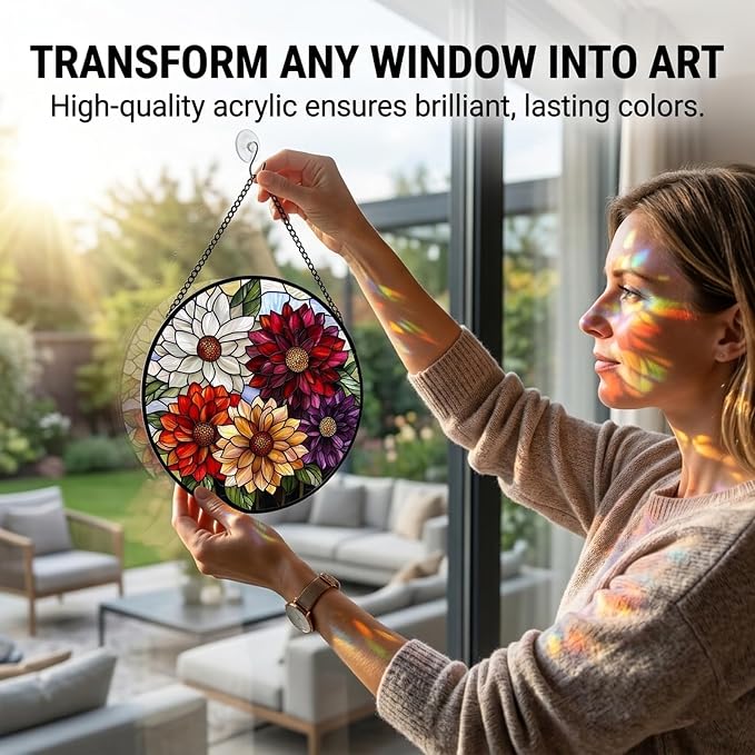 Birthday Gifts for Women - Colorful Flowers Faux Stained Glass Window Hanging Sun Catcher for Door Garden Acrylic Decor Mother's Day Christmas for Mom Nana Grandma Sisters Wife 11.8"
