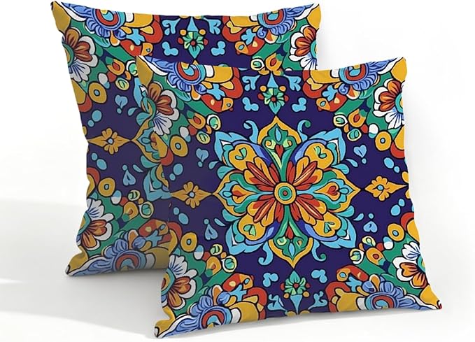 18x18 Inch Outdoor Pillow Covers Set of 2 Waterproof Throw Pillow Covers Decorative Couch Cushion Covers Mexican Style Floral Square Pillowcases Protectors for Patio Garden Sofa