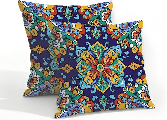 18x18 Inch Outdoor Pillow Covers Set of 2 Waterproof Throw Pillow Covers Decorative Couch Cushion Covers Mexican Style Floral Square Pillowcases Protectors for Patio Garden Sofa