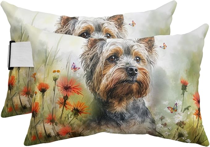 Outdoor Pillows Covers with Inserts Dog Play Among The Flowers Butterfly Watercolor Waterproof Pillow with Adjustable Strap Throw Pillows for Patio Furniture Recliner Lounge Chair, 12x20 inch, 2PCS