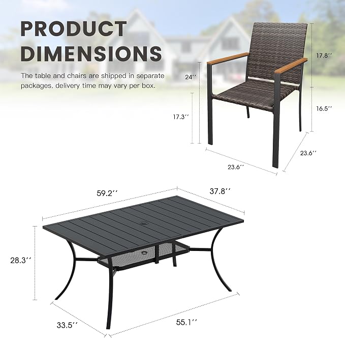Patio Dining Set for 6, 59.2" Rectangular Metal Table with Umbrella Hole and Stackable Wicker Patio Chairs, Outdoor Furniture Set for Deck Backyard Garden, Walnut Chairs, Black Table