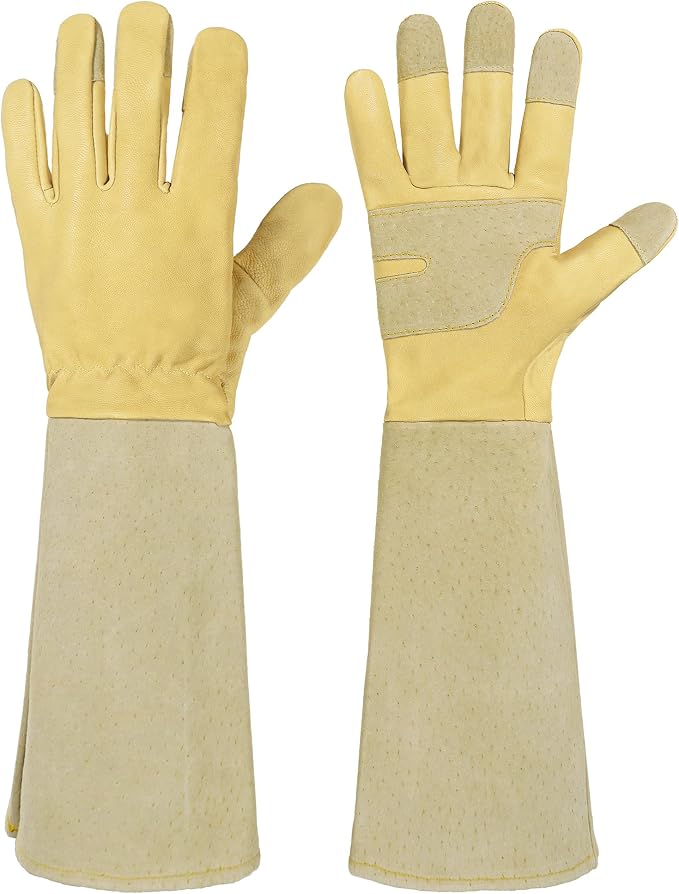 HANDLANDY Rose Pruning Gardening Gloves for Men Women, Thorn Proof Forearm Protection Leather Garden Gloves, Gardening Gifts for Gardeners (Vanilla, Medium)