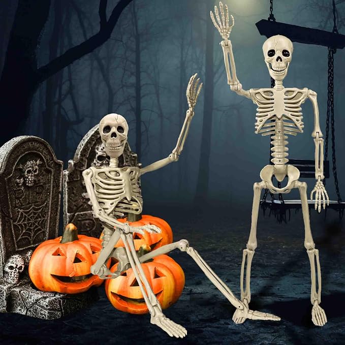 36" Skeleton Halloween Decorations, 3ft Life Size Human Skeleton with Full Body Movable Posable Joints Skeleton, Halloween Skeletons with 20 Spiders for Yard Haunted House Props Indoor Outdoor Decor