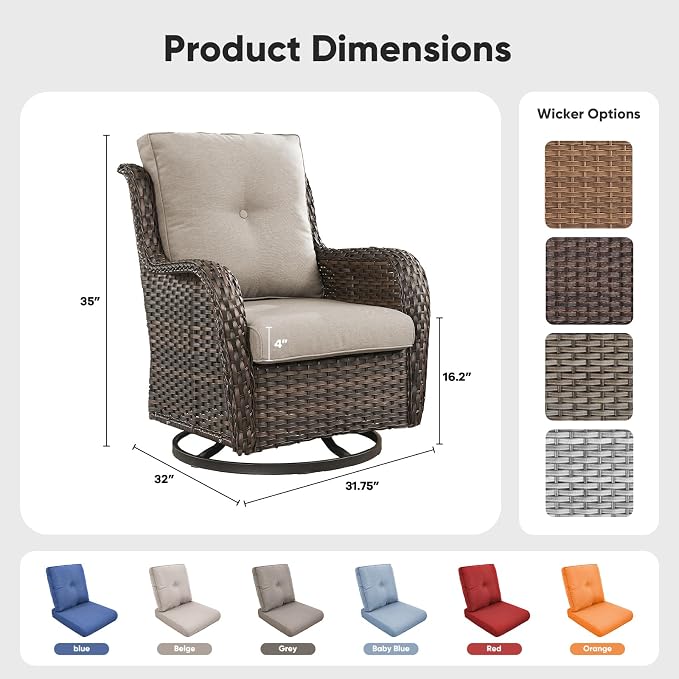 Belord Outdoor Swivel Chairs Set of 2,Patio Wicker Rocker Chairs,All Weather Patio Conversation Furniture Set, Ideal for Porch Balcony Deck Yard, Gray Wicker/Beige