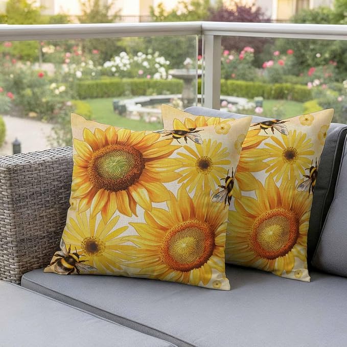 Outdoor Throw Pillow Covers,Farmhouse Sunflower Bee on Linen Waterproof Decorative Pillowcases Cushion Cover Retro Pastoral Yellow Flower Pillow Cases for Patio Couch Sofa Bed,24x42in Set of 2