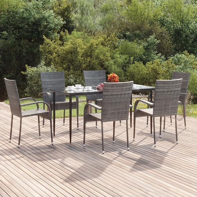 7 Piece Patio Dining Set Gray Poly Rattan Outdoor Furniture with Tempered Glass Tabletop and Stackable Chairs