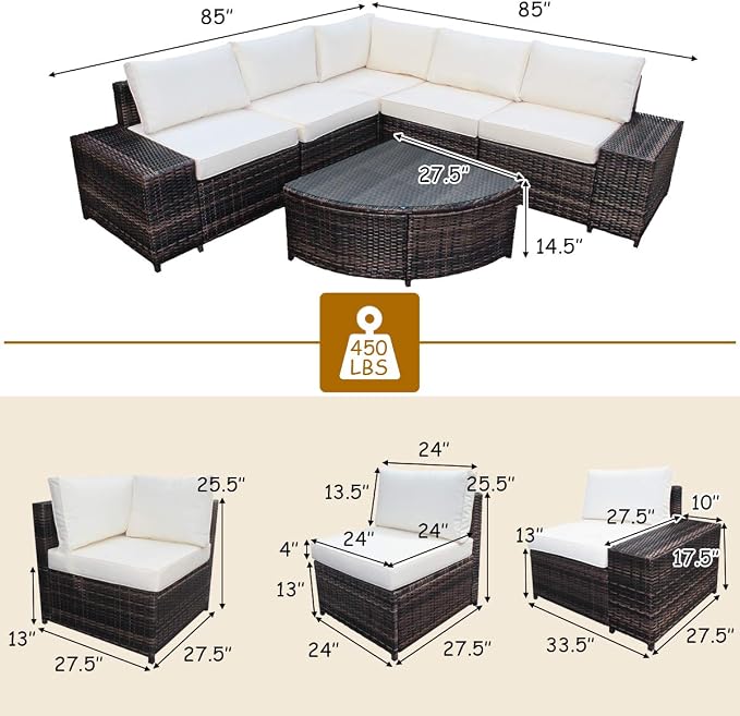 Tangkula 6 Piece Wicker Patio Furniture Set, Outdoor All Weather PE Rattan Conversation Set w/Tempered Glass Coffee Table, Sectional Sofa Set w/Comfortable Cushions for Backyard, Garden (White)