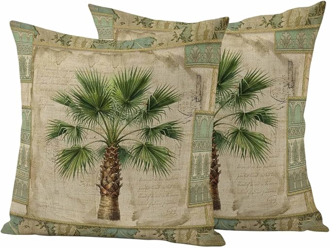 Summer Palm Trees Outdoor Pillow Covers 18"x18" Set of 2, Green Tropical Leaves Vintage Boho Texture Waterproof Throw Pillow Covers for Patio Furniture, Decorative Cushion Covers for Porch