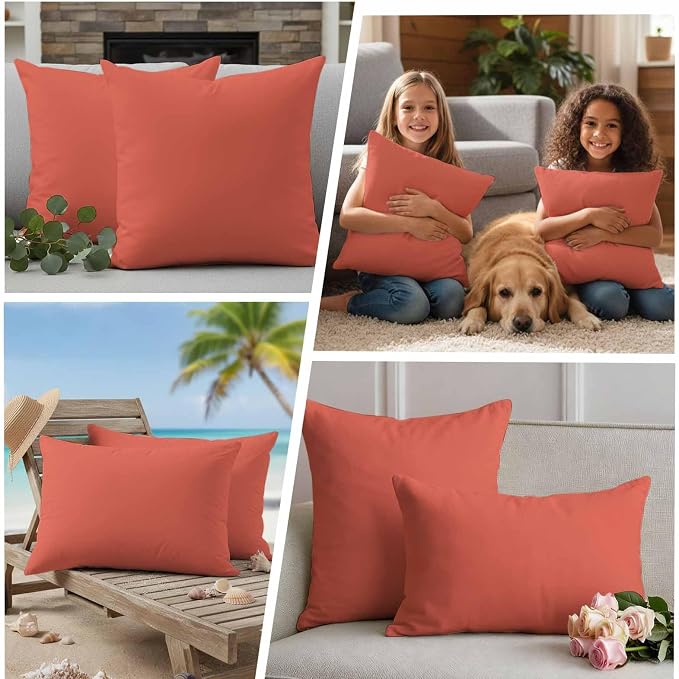 Outdoor Pillow Covers Set of 2, Solid Color Coral Red Decorative Throw Pillow Covers 18X18IN, Minimalist Style Throw Pillows Protector Cushion Case for Patio,Couch,Sofa,Garden