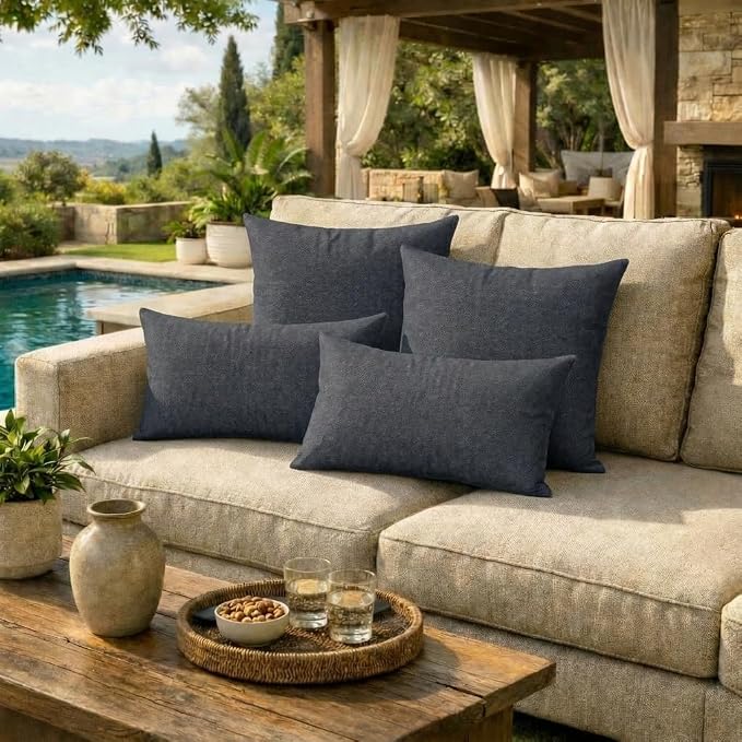 RSH DECOR: Sunbrella Lumbar & Square Pillows Set of 4 | 20" x 12" & 20" x 20" | Water and Fade-Resistant Fabric | Outdoor Throw Pillows for Patio Furniture | Made in USA (Sancy Denim)