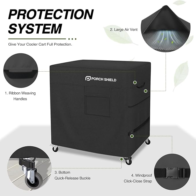Porch Shield Waterproof Rolling 80-100 Qt Cooler Cart Cover Fits Most Patio Ice Chest Party Cooler (Black, 36"L x 20"W x 32"H)