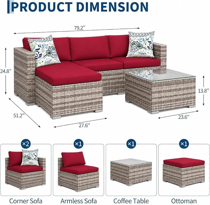 GAOMON 5 Piece Outdoor Patio Furniture Set, All-Weather PE Wicker Sectional Couch Set with Cushions and Ottomans, Outdoor Patio Conversation Set with Glass Table for Backyard, Porch, Balcony