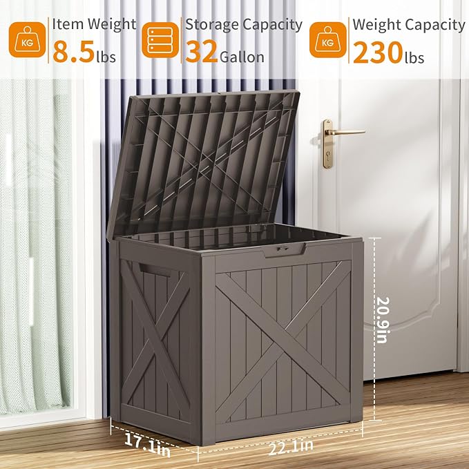 Vixzen 32 Gallon Deck Boxes Outdoor Waterproof, Lockable Outside Storage Box for Patio Cushions, Garden Tools, Pool Supplies (Grey, 32 Gallon)