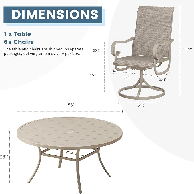 DIFY 7 Pieces Outdoor Dining Set for 6, Outdoor Furniture Set of 6 Textilene Swivel Patio Chairs, 53" Round Metal Dining Table with Umbrella Hole, for Garden Deck Backyard, Sandshell