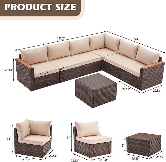 Exclusive Quick Install Patio Furniture Set 7 Pieces Outdoor Patio Furniture Durable Wicker Outdoor Couch Patio Sectional Sofa Conversation Sets for Backyard & Lawn & Outside