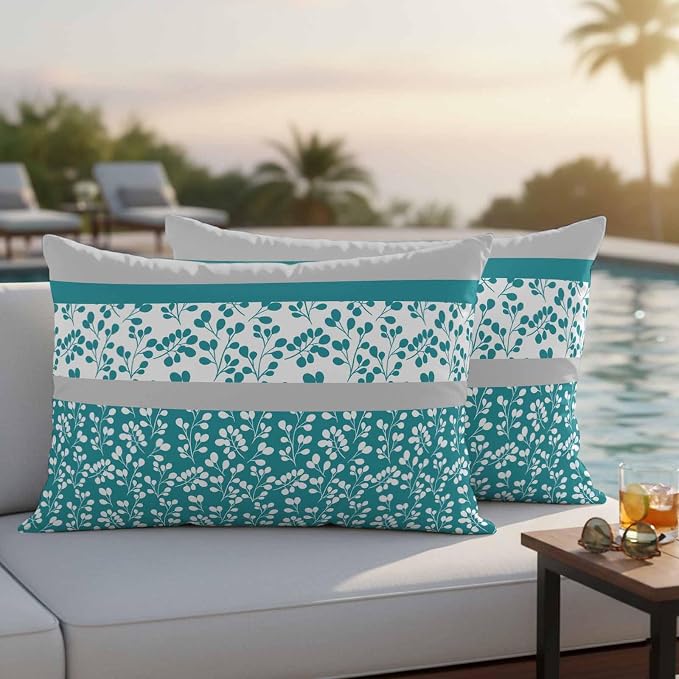 Teal Floral Outdoor Pillow Covers 20x12 Inch Lumbar Pillow Covers Set of 2 Waterproof Decorative Throw Pillow Cases Botanical Blossom Motif Boho Grey Stripes Cushion Covers for Patio Furniture Garden