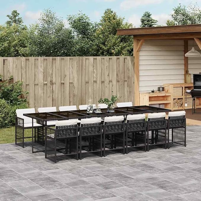 13-Piece Garden Dining Set, Black Rattan Patio Table and 12 Cream White Cushioned Chairs, Large Outdoor Furniture Set with Tempered Glass Tabletop for Backyard, Porch and Deck Entertainments