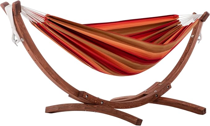 Vivere Fade and Weather-Resitant Brazilian Hammock with Solid Pine Arc Stand - 450 lb Weight Capacity
