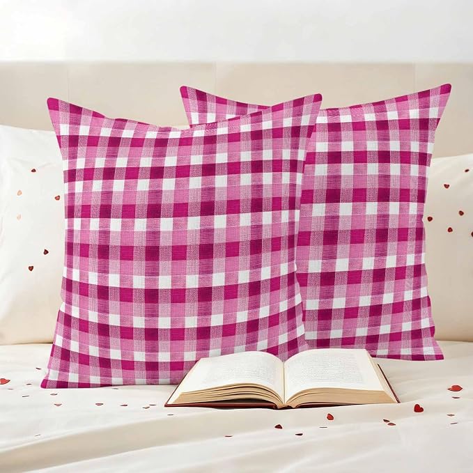 Outdoor Throw Pillow Covers,Pink Gradient Buffalo Plaid Waterproof Decorative Pillowcases Cushion Cover Modern Geometric Check Pillow Cases for Patio Couch Sofa Bed,18x18in Set of 2