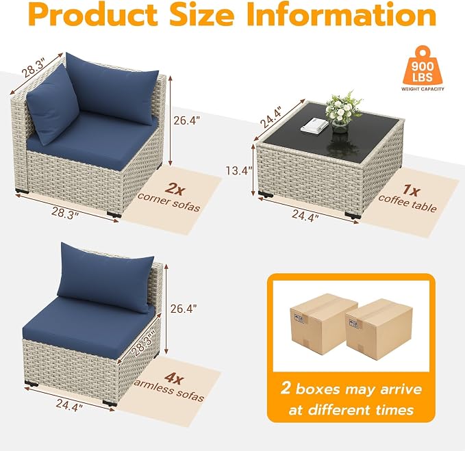 UDPATIO Outdoor Patio Furniture Set, 7 Pcs PE Wicker Sectional Sofa with Tea Table, Outdoor Conversation Set for Patio, Garden, Backyard (Blue Cushions with Light Grey Rattan)