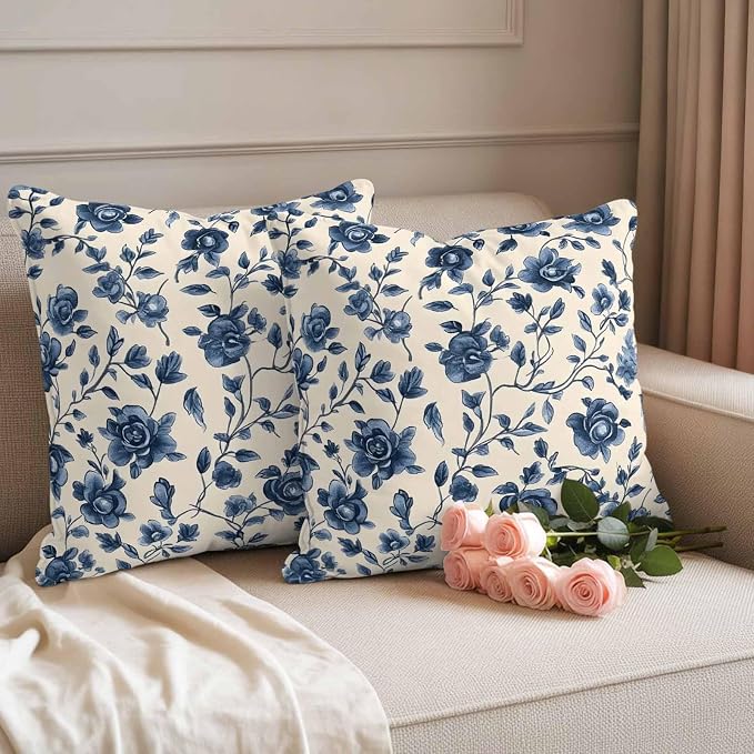 Pack of 2 Waterproof Outdoor Pillow Covers 20x20 Inch Decorative Pillow Covers Navy Blue Floral Throw Pillowcases Spring Vintage Blossom Botanical Outdoor Cushion Cover for Couch, Patio, Tent