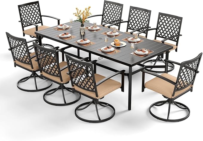 PHI VILLA 7 Pcs Outdoor Dining Set for 6&83" Rectangle Metal Steel Table | Swivel Wrought Iron Chairs with Cushions, Outside Furniture Set for Patio, Deck, Yard, Porch