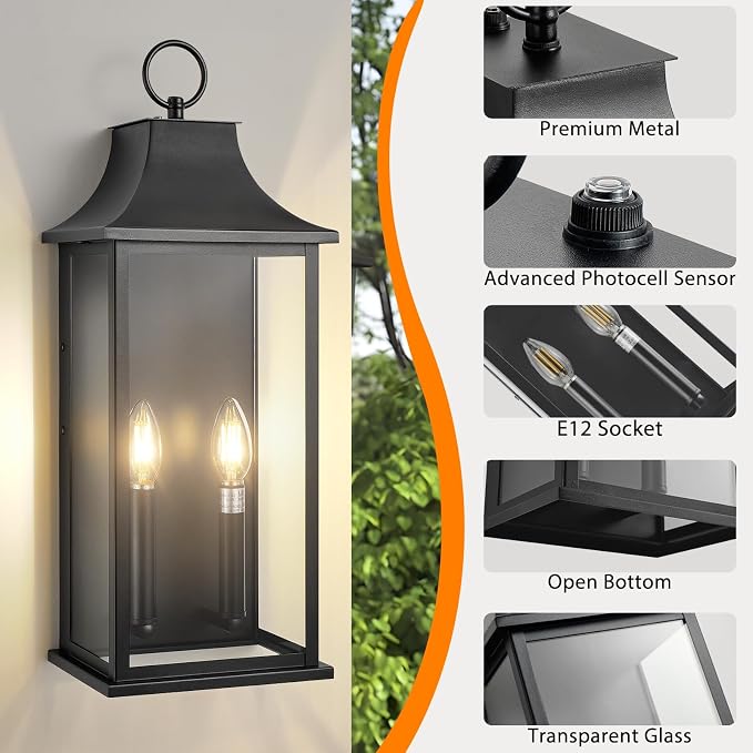 21In Outdoor Wall Light Fixture Wall Mount Dusk to Dawn Exterior Lighting Fixtures, Outside Light Fixtures for House Front Door Porch Coach Garage Lights Outdoor Wall Black E12 Socket