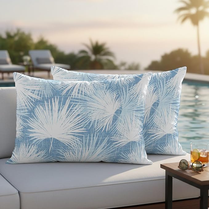 Lumbar Pillow Covers 20x12 Inch Set of 2, Sky Blue Palm Leaves Coastal Waterproof Outdoor Pillow Covers, Summer Tropical Botanical Decorative Cushion Pillowcases for Couch, Sofa, Bed, Garden, Patio