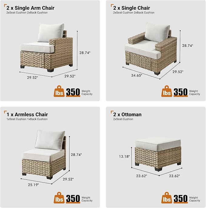 ovios 7 Piece Patio Sectional Furniture, Rattan Wicker Coversation Couch Set, Outdoor Sofa Set for Outside Porch Balcony Backyard Pool,Light Grey