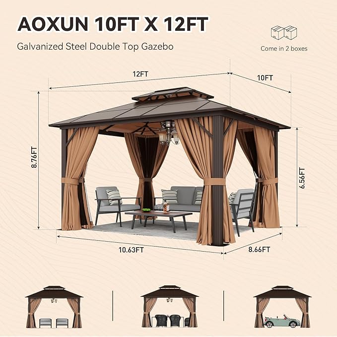 Aoxun 10'x12' Hardtop Gazebo, Aluminum Frame Permanent Pavilion with Netting and Curtains, Outdoor Polycarbonate Double Roof Canopy, Designed for Lawn, Garden, Patio (Brown)
