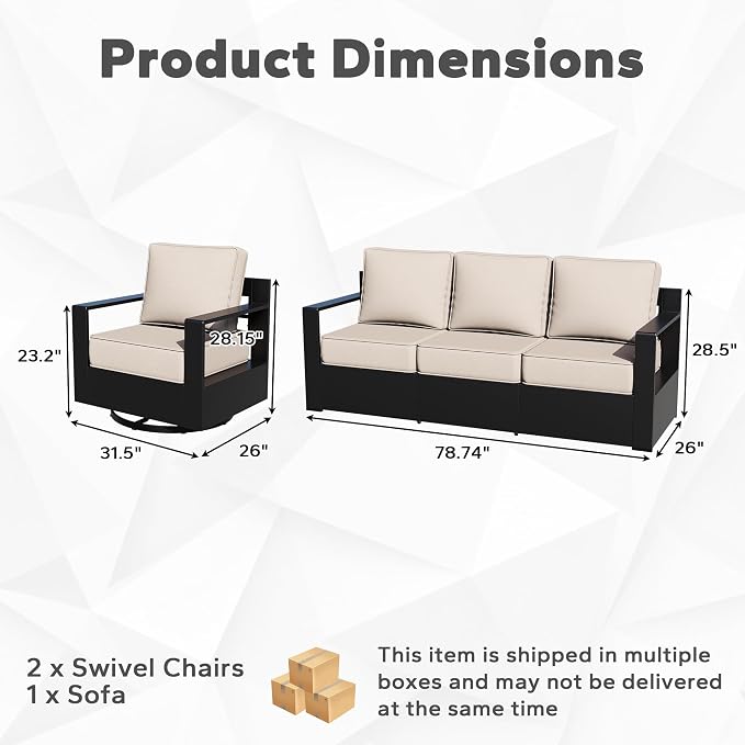 Outdoor Aluminum Furniture Set, 3-Piece Patio Conversation Set, 2 Swivel Chairs and 1 Sofa, All-Weather Metal Frame, 6" Thick Removable Cushions, Deep Setting for Garden, Poolside and Porch