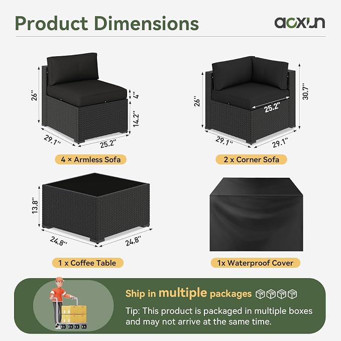 Aoxun 7 Piece Patio Furniture Set, Wicker Rattan Patio Sectional Sofa, Outdoor Furniture Set with Thickened Cushion, Black
