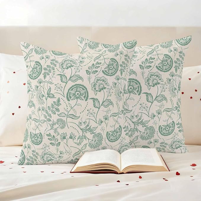 Outdoor Pillow Covers 24x24 Set of 2, Green Spring Floral Waterproof Patio Throw Pillow Covers for Couch Sofa Chair, Summer Botanical Vintage Farmhouse Decorative Pillowcases for Throw Pillows