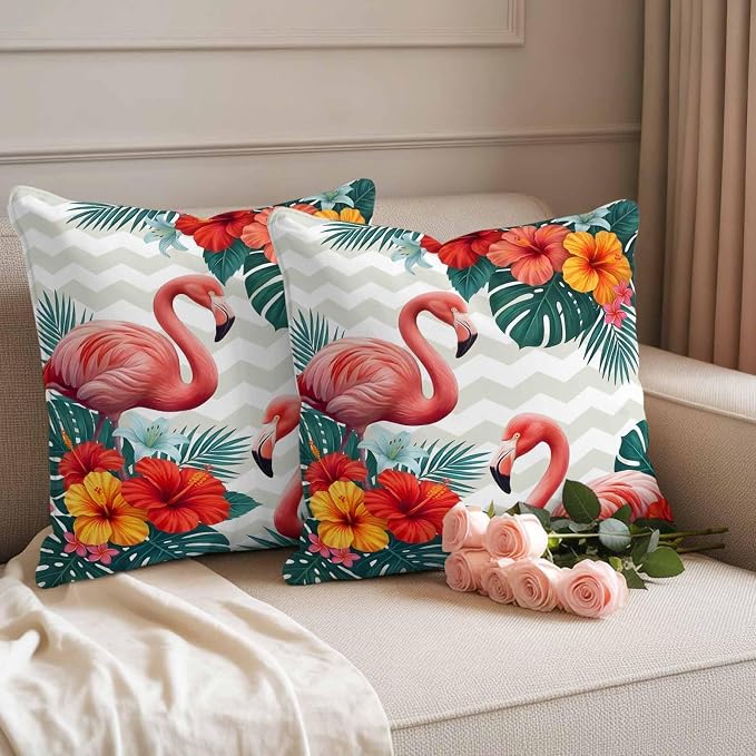 Pink Flamingos Outdoor Pillow Covers 24"x24" Set of 2, Summer Red Hibiscus Flower Tropical Plant Wave Stripes Waterproof Throw Pillow Covers for Patio Furniture, Decorative Cushion Covers for Porch