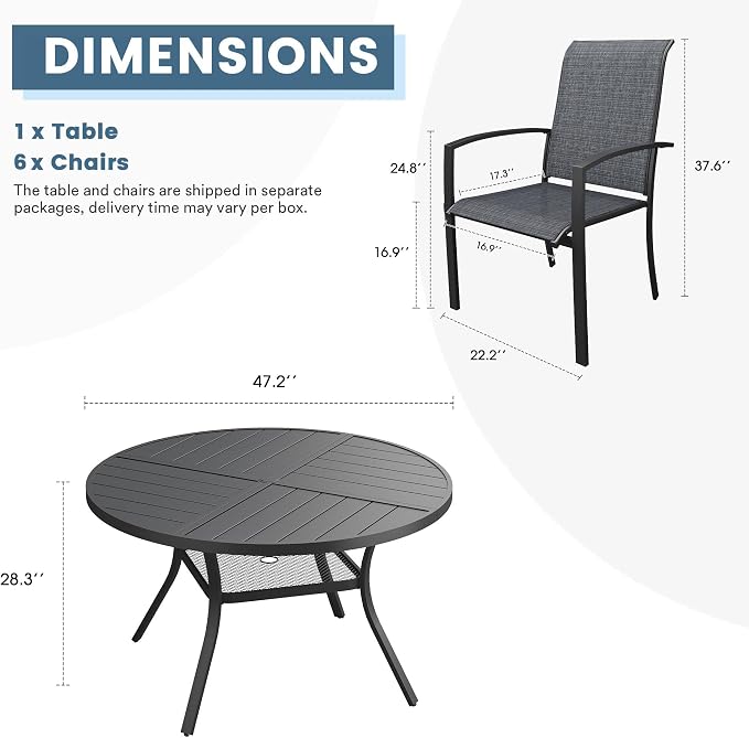 DIFY 7 Pieces Outdoor Dining Set, Metal Patio Table and Chairs Set for 6 with Umbrella Hole, 47.2" Round Dining Table and Textilene Stackable Patio Chairs for Garden Backyard Poolside, Black