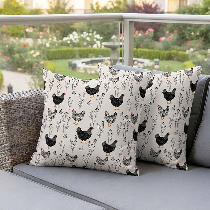 Beige Farm Chicken Outdoor Pillow Covers 16"x16" Set of 2, Country Farmhouse Black White Rooster Flower Leaf Waterproof Throw Pillow Covers for Patio Furniture, Decorative Cushion Covers for Porch