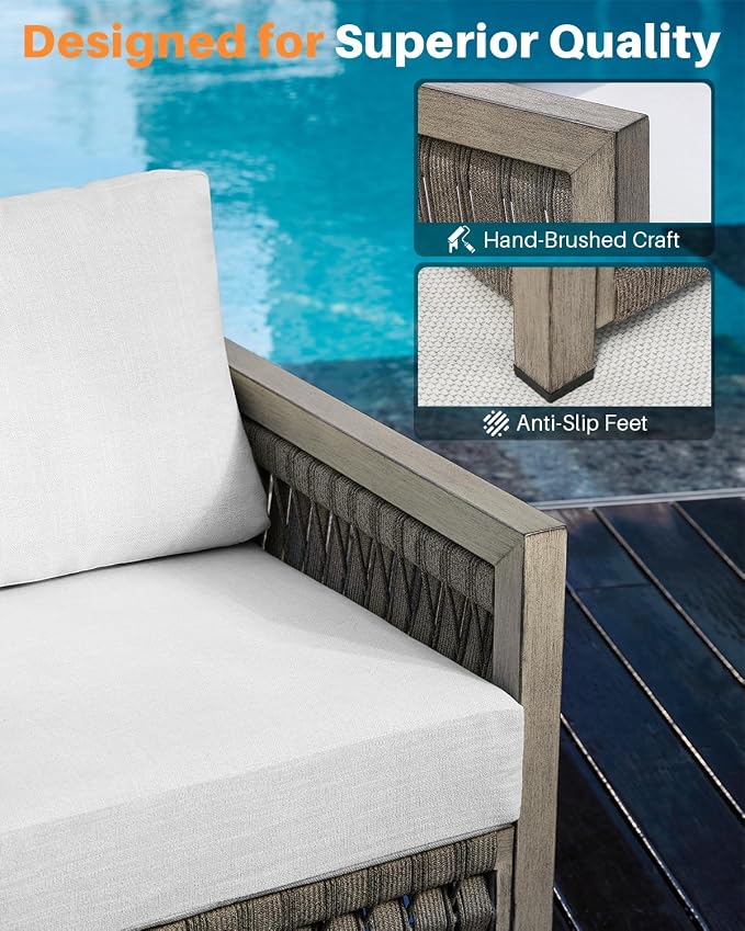 4-Piece Patio Furniture Set, Aluminum Outdoor Patio Conversation Set with Washable Cushions, Rope Weave Outdoor Furniture Sofa Set with Coffee Table for Deck, Poolside, Backyard, Gray Oak