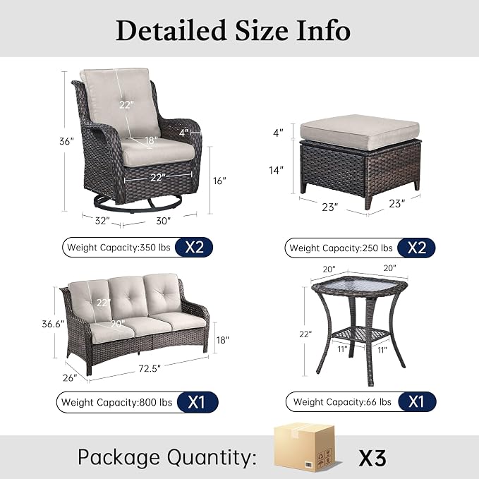 6 Piece Patio Furniture Set with Ottoman - All Weather Patio Conversation Set with 4 Inch Thick Cushions and Deep Seating Swivel Glider Chairs & Outdoor Couch for Porch Deck Yard Pool