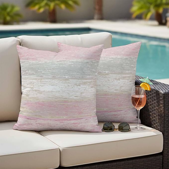 Outdoor Waterproof Throw Pillow Covers, Vintage Pink Grey Decorative Pillow Cases, Farmhouse Barn Wooden Striped Couch Pillow Protector Patio Sofa Cushion Covers Replacement 20"x20" 2 Pack