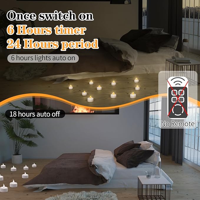 KOABY 24 Pack Tea Lights with Timer, Auto-On 6 Hours and Off 18 Hours in 24 Hours Cycle Automatically, Battery Operated Flameless Flickering Tea Lights with Timer(24 Pack, Warm Yellow)