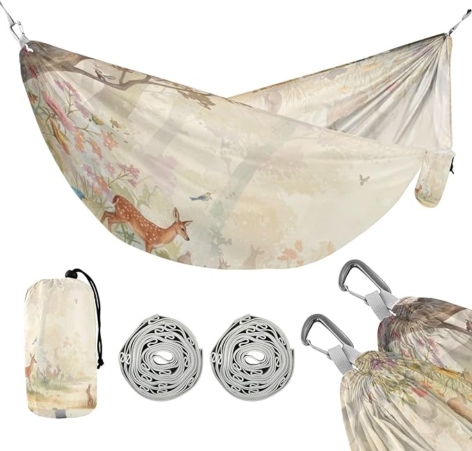 Watercolor Forest Animals Camping Hammock, Portable Lightweight Single Hammock with Tree Straps and Aluminum Carabiners, 114" x 54" Travel Hammock for Hiking Backpacking Beach