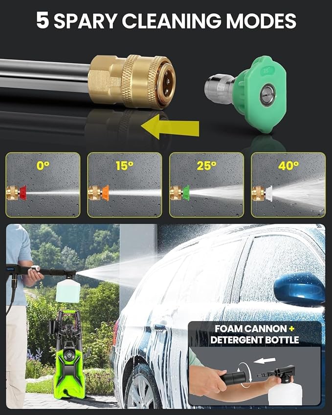 𝐄𝐥𝐞𝐜𝐭𝐫𝐢𝐜 𝐏𝐨𝐰𝐞𝐫 𝐖𝐚𝐬𝐡𝐞𝐫 𝟓𝟎𝟎𝟎𝐏𝐒𝐈 Adjustable Pressure, Power Wahser Powered with 33FT Pipe, 4 Nozzles for Home/Cars/Fences, Green
