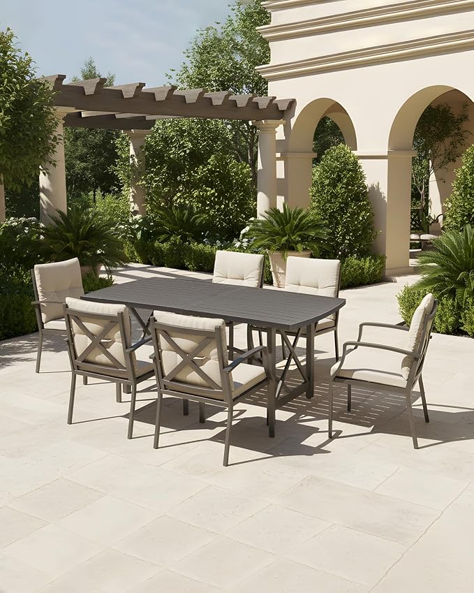 7 Pieces Outdoor Patio Dining Set, Never-Rust Aluminum Patio Table and Chairs, Outdoor Dining Set for 6 with Cushions, Patio Furniture Set for Deck, Garden, Backyard, Gunmetal