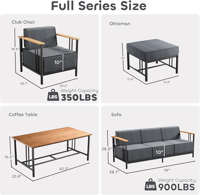 Luxury Patio Chairs with 10" Extra Thick Cushions, Outdoor Chairs with Ottomans, 4 PCS Outdoor Furniture Set for Porch, Balcony, Deck, Patio, Yard, Poolside, Black/Grey