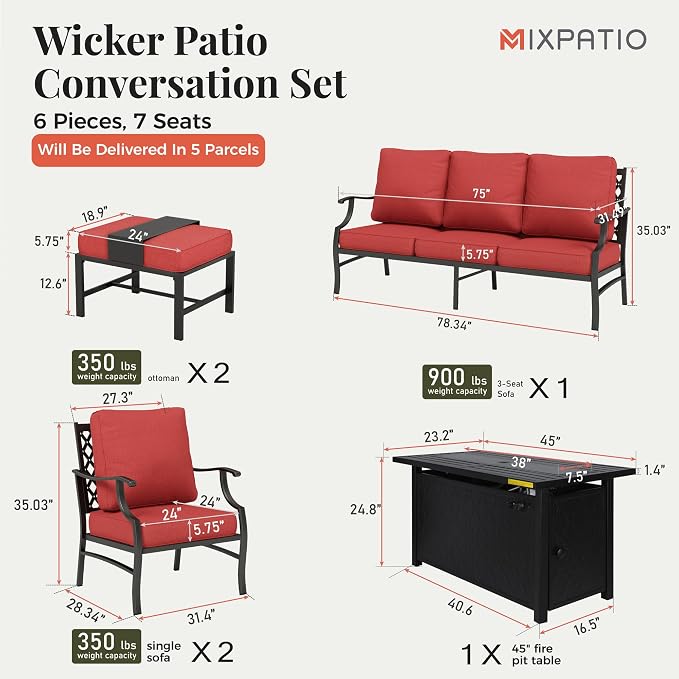 MIXPATIO Patio Furniture Set, 6 Pcs Metal Outdoor Conversation Set, 2 Single Chairs, 2 Ottomans and 3 Seater Sofa with 5.75" Extra Thick Cushion and Gas Fire Pit Table, Red