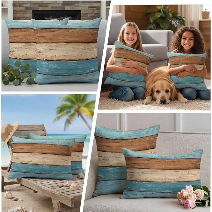 Farmhouse Light Blue Brown Outdoor Waterproof Pillow Covers, Vintage Wooden Striped Decorative Rectangle Throw Pillowcase Sofa Cushion Sham for Patio/Couch/Chair, 20"x12" 2 Pack