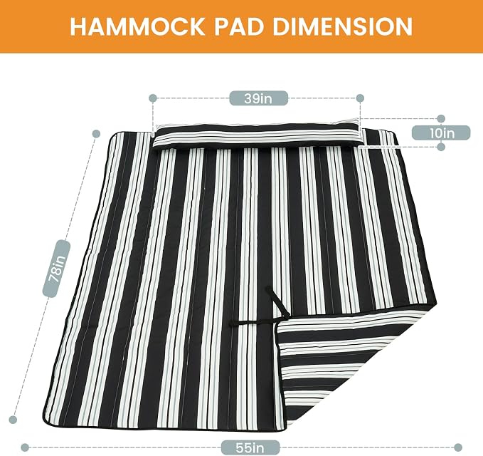 Lazy Daze Hammocks 2 Person Hammock Pad and Pillow Set, Double Polyester Quilted 78" x55" Replacement Pad for Rope Hammock, Black Stripes