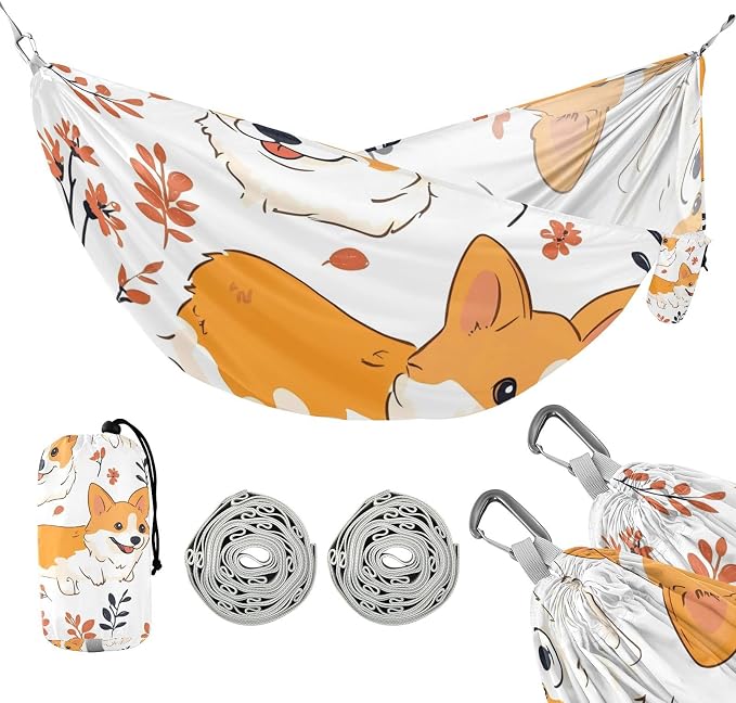 Round Rump Pup Dog Floral Pattern Outdoor Hammocks Foldable Swing Hammock for Patio Backyard Lounge Base