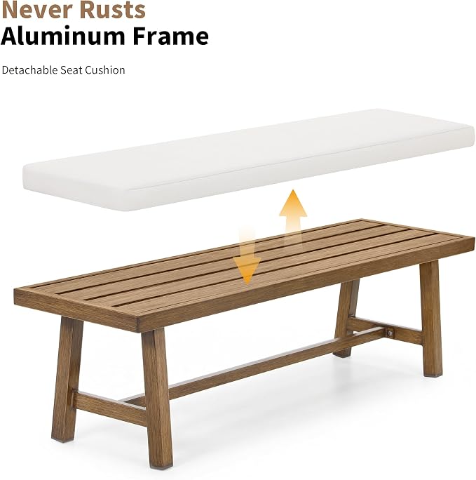 2-Person Outdoor Bench with Detachable Cushion, Rust-Free Aluminum Garden Bench, Indoor Outdoor Dining Bench with 550 lbs Weight Capacity for Backyard, Poolside, Porch, Teak